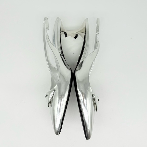 Prada Silver leather Spazzolato Triangle Logo 45mm Slingback Pumps Argento EU 39 - Picture 5 of 9